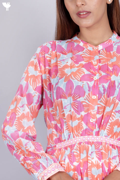 Mulmul Cotton Midi Dress With Floral Block Print